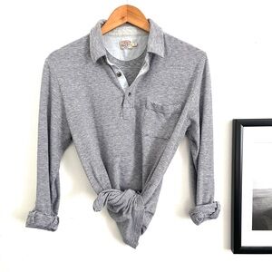 Faherty Long Sleeve Blue and Beige Striped Polo Shirt